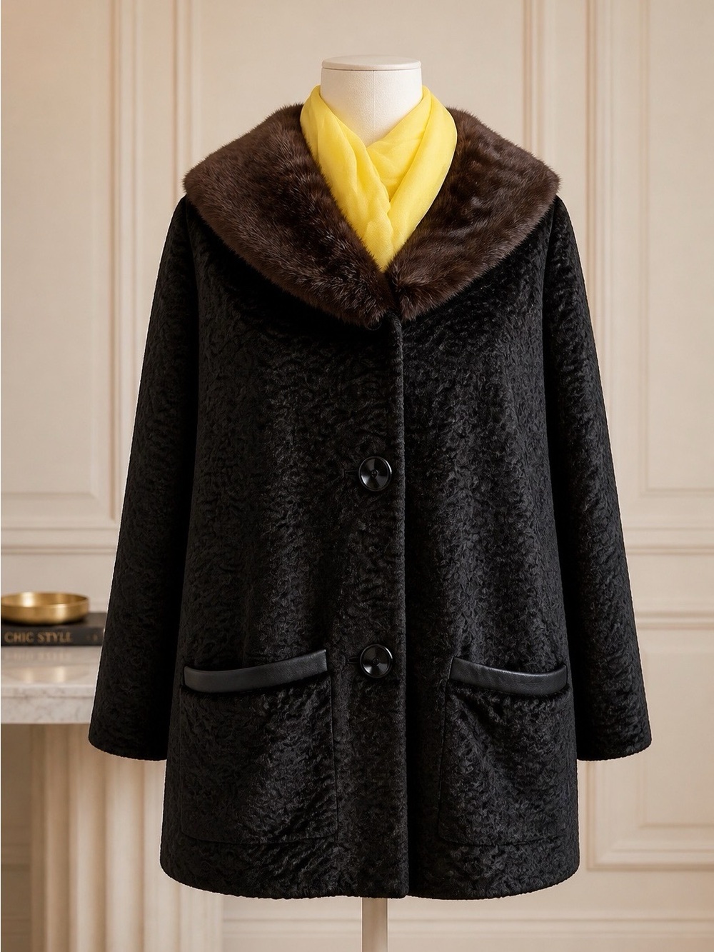 VINTAGE BLACK COAT WITH FUR COLLAR SIZE MEDIUM EXCELLENT VINTAGE CONDITION